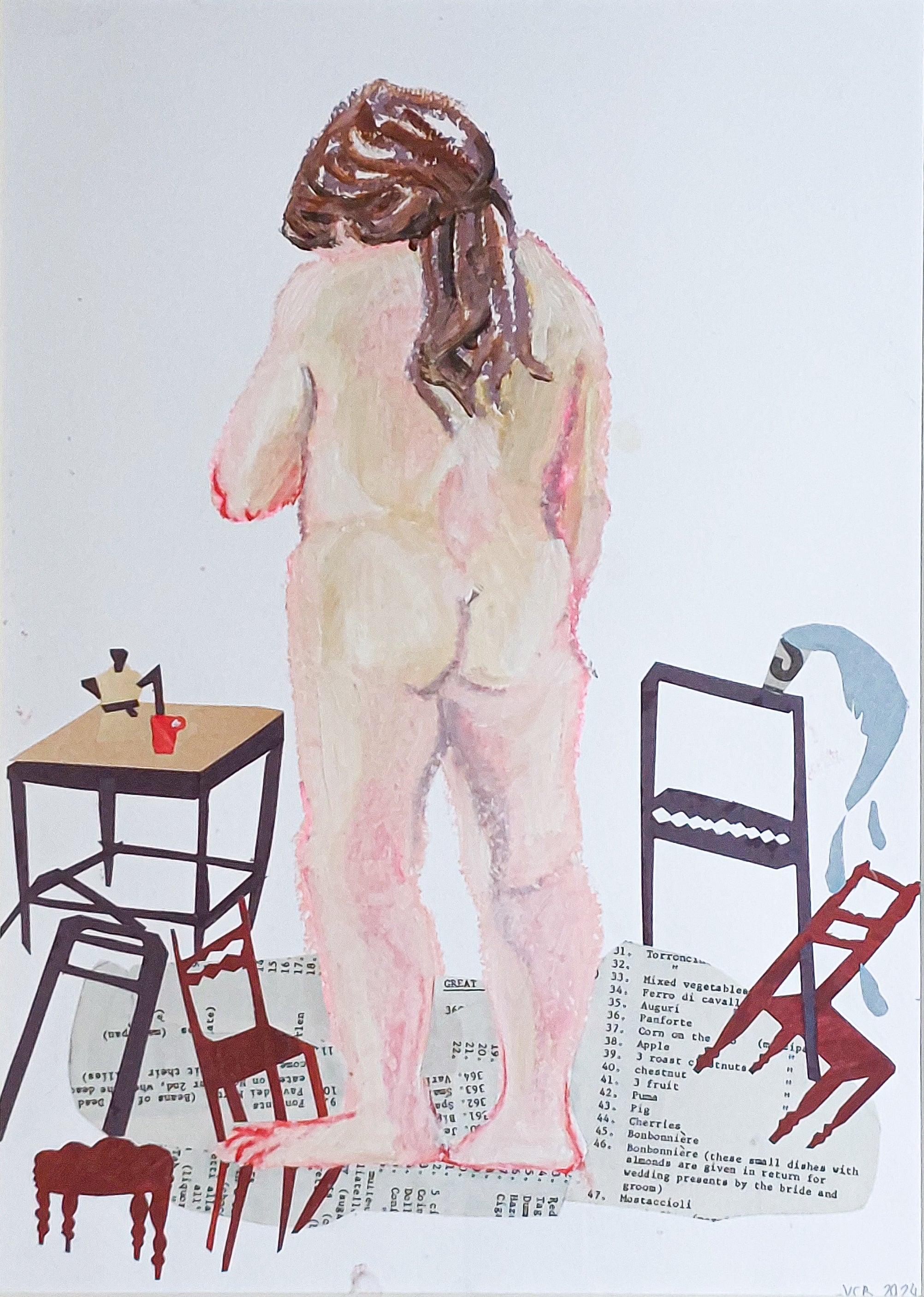 Woman standing from behind with cut out paper chairs